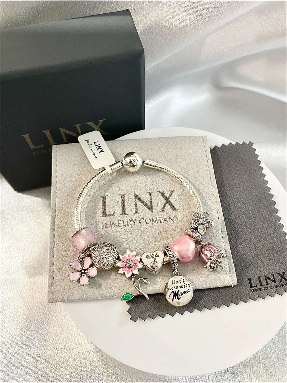 Linx Snake Chain Bracelet with Wife and Mom Themed Charms